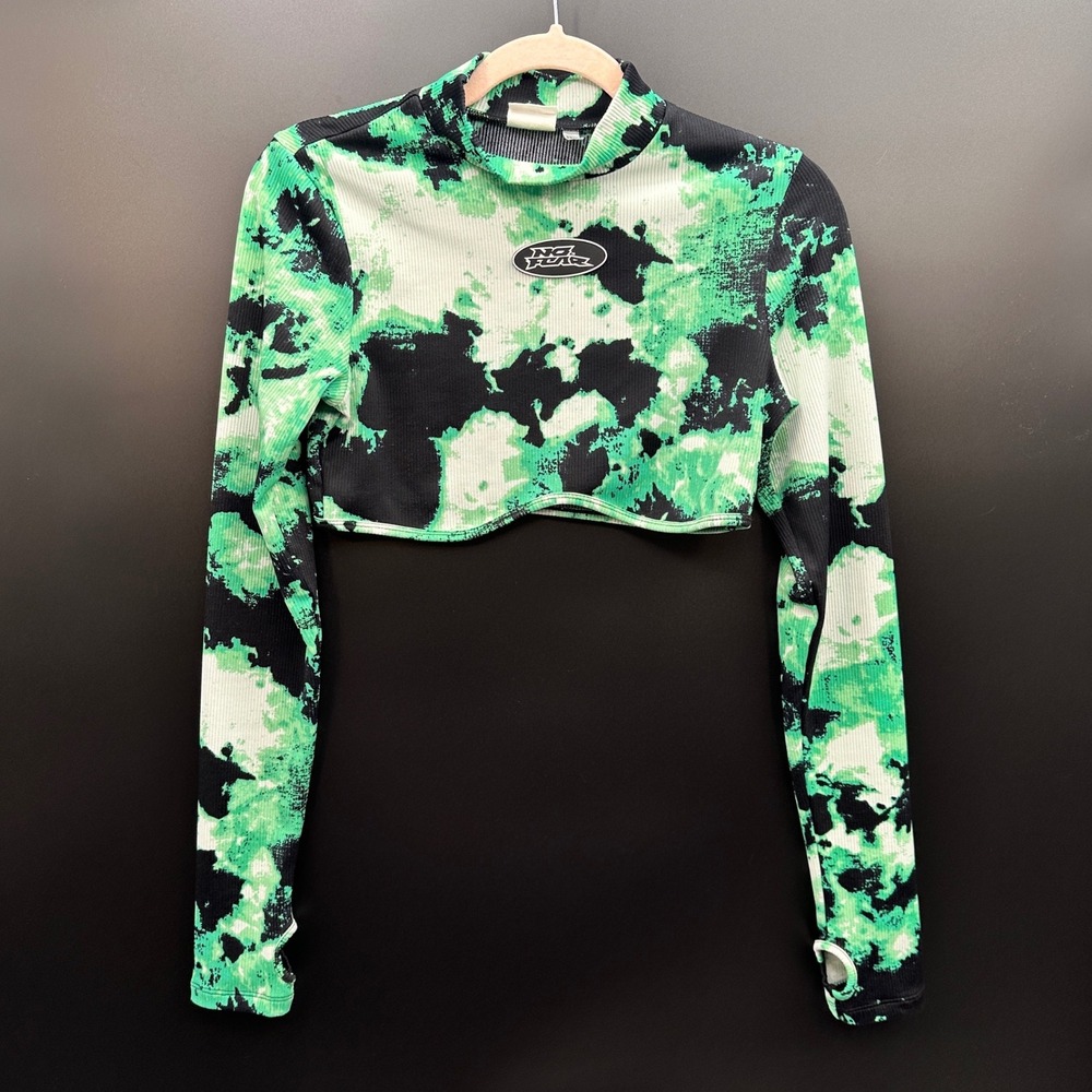 No Fear x H&M Ribbed Crop Top Green Black Abstract Long Sleeve Thumbholes M